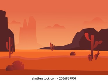 Hot orange desert with mountains landscape. Beautiful red glow of sands with dried cactus rocky hills natural panorama of sahara arid desert without oasis. Vector cartoon wilderness.