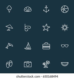 Hot Outline Icons Set. Collection Of Sea Star, Shoes, Palm And Other Elements. Also Includes Symbols Such As Sail, Armature, Star.