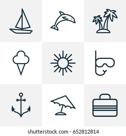 Hot Outline Icons Set. Collection Of Baggage, Ice Cream, Palm And Other Elements. Also Includes Symbols Such As Mammal, Baggage, Boat.