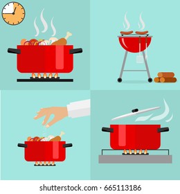 Hot pan isolated, saucepan on the stove, pan icon, cook. Barbecue, grill, hot dogs, picnic, wood, sausages. Flat design, vector illustration, vector.