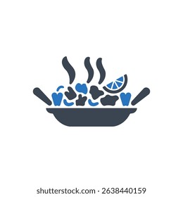 Hot pan with veggies and lemon icon.