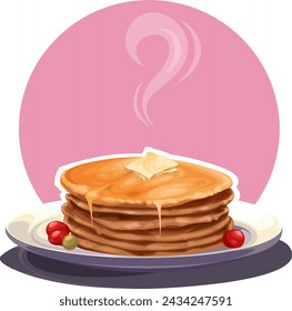 Hot pancakes on a plate with red cherries