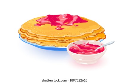 Hot pancakes with raspberry jam served on plate. Vector delicious sweet fruity breakfast, fried crepe with fruit topping, Lunch, nutritious meal idea isolated on white background