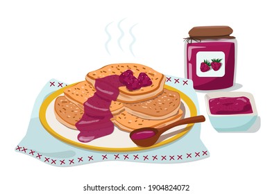 Hot pancakes with raspberry jam are served on a plate. A jar of berry jam, a delicious breakfast, the idea of homemade food and pastries. Vector illustration isolated on a white background.