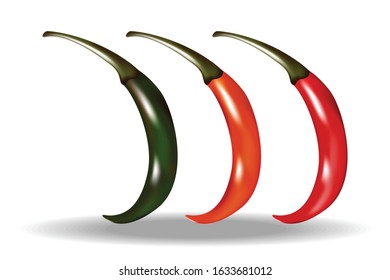 Hot paprika with bent appearance Isolated on a white ground. Green, yellow and red chilli set illustration.