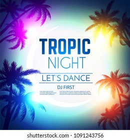 Hot Party Flyer. Tropic Night Design Template with Palm and Lights. Vector illustration