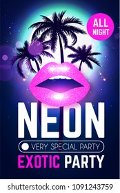 Hot Party Flyer. Tropic Night Design Template with Lips, Palm and Lights. Vector illustration