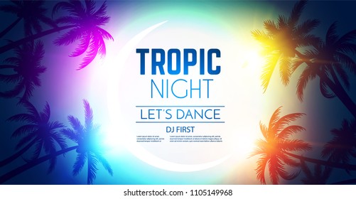 Hot Party Flyer. Tropic Night Design Template with Palm and Lights. Vector illustration