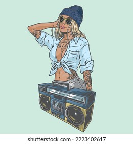 Hot party girl colorful logotype with cassette recorder for disco and belle with tattoo dressed in youth style vector illustration