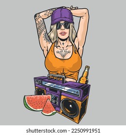 Hot party girl colorful sticker blonde with tattoos in cap and disco glasses with tape recorder and watermelon vector illustration