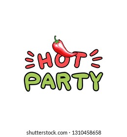 Hot party hand drawn stylized lettering. Chili pepper cartoon isolated clipart. Red chilli contour drawing. Spicy vegetable design element. Mexican festive invitation, poster flat color illustration