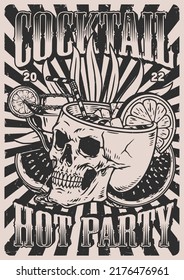 Hot party monochrome vintage flyer skull-shaped cocktail and cold watermelon for participants of summer festival on exotic island vector illustration