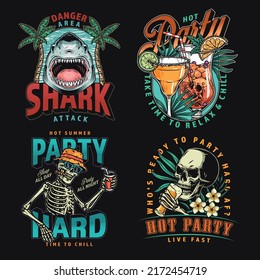 Hot party set colorful vintage flyers relax and chill on summer beach with alcoholic cocktails decorated with skulls vector illustration