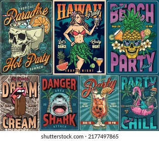 Hot Party Set Vintage Colorful Posters Hawaii Vibes For Nightly Beach Hangout With Cold Drinks And Ice Cream Vector Illustration