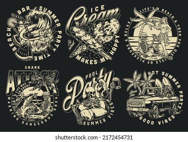 Hot party set vintage monochrome posters ice cream for tourists sunbathing on beach and cold drinks with alcohol vector illustration