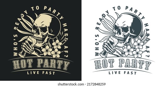 Hot party vintage monochrome flyer event invitation with skull and beer in transparent glass hangout bachelor style vector illustration