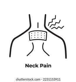 Hot patch on uppper back neck for neck pain relievement vector icon isolated on plain white background. Neck pain struggle pictogram with simple flat line art drawing for medical or doctor purposes.