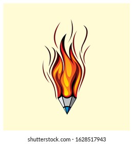 Hot Pencil Vector for Logo and or Illustration. Red Fire and Flame. The Passion of Drawing with Color Pencil.