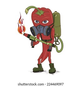  Hot pepper. Abstract pepper with a flamethrower and a respirator.