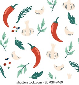 Hot pepper and garlic, herbs, seamless pattern. Vegetarian food. Healthy food. Natural products. for menu, restaurant, fabric, textile, clothes, paper, scrapbooking. Hand Draw Vector illustration.