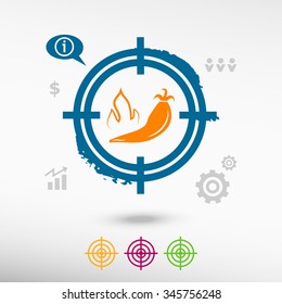 Hot pepper icon on target icons background. Flat illustration.
