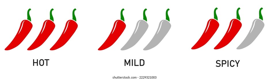 Iconos de pimienta caliente. Niveles de Peppery. Leve, picante y caliente. Ilustración del vector aislada en fondo blanco
