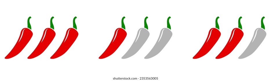 Hot pepper icons set. Peppery levels. Mild, spicy and hot. Vector illustration isolated on white background
