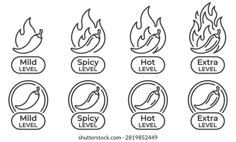 Hot pepper icons showing different levels of spiciness from mild to extra hot, perfect for food packaging or menu design.