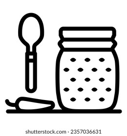 Icono de línea de espelette de jam de pimienta caliente, concepto de comida francesa, signo vectorial de jam de pimienta caliente sobre fondo blanco, frasco con estilo de contorno de cuchara para el concepto móvil y diseño web. Gráficos vectoriales