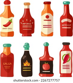 hot pepper ketchup sauces set. Vector cartoon flat illustration