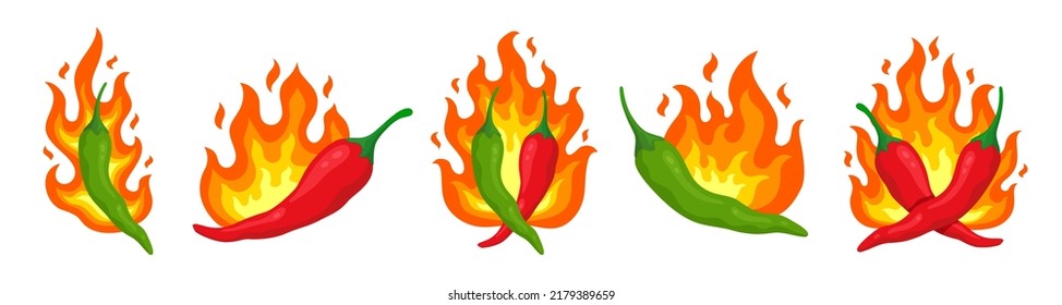 Hot pepper labels. Chilli peppers sticker, flaming eating sauce. Menu spicy logo, vegetables in fire. Mexican cuisine, cartoon racy cayenne vector set