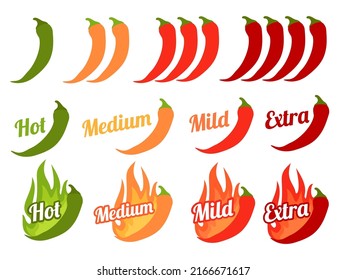 Hot pepper labels. Snack sauce hotness level, chili ketchup or salsa spicy stickers. Mild medium high taste index for chips or burger topping, neat vector set