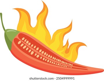 Hot pepper. Red chili in flame cartoon icon isolated on white background