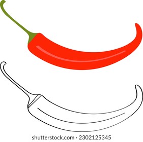 Pimienta caliente - verdura roja para comida vegetariana, ilustración vectorial plana, contorno negro para el colorante infantil. Un simple dibujo de un producto o logotipo de empaque, especias para cocinar.
