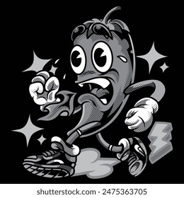 Hot Pepper Retro Cartoon in Black and White Illustration