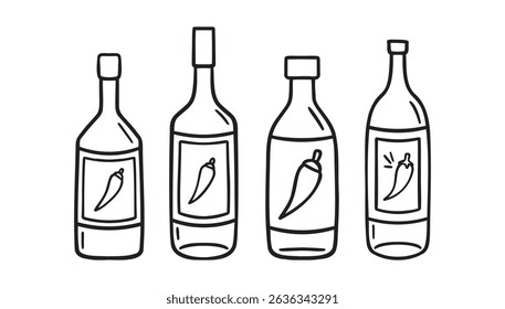 Hot pepper sauce bottle doodle hand drawn icon set. Outline drawing line clipart symbol collection. Vector illustration