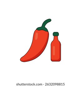 Hot pepper with sauce bottle vector logo. Hot pepper vector. Green jalapeno pepper vector. Vector logo for sauce. Spicy food and vegetables. 