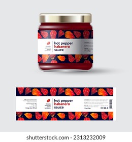 Hot Pepper Sauce label and packaging. Glass jar template with cap and label. Logo of Sauce and  background with seamless pattern.