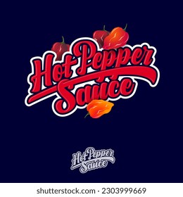 Hot Pepper Sauce logo. Red letters with habanero peppers. Mexican sauce emblem. Spicy food. Vintage emblem.