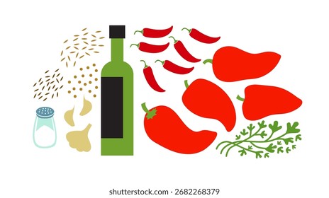Hot pepper sauce or paste Harissa fresh raw ingredients set. Flat vector illustration isolated on white background.