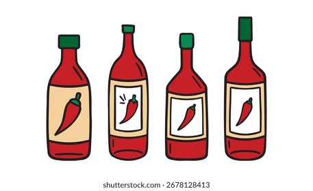 Heiße Pfeffersauce rote Flasche doodle handgezeichnete Symbol-Set. Kollektion von Skizzierlinien-Clipart-Symbolen. Vektorgrafik