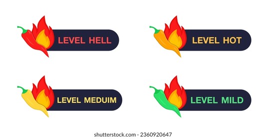 Hot pepper scale with mild, medium, hot and hell positions. Red chili pepper, cayenne, jalapeno, habanero with fire flames and mild green, spicy yellow, hot orange, extra red rating indicators. Vector