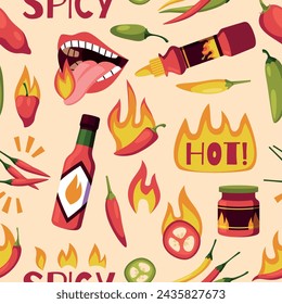 Patrón sin fisuras de pimienta caliente. Elementos de chile repetido, botella de salsa picante mexicana, boca ardiente, jalapeño, pimentón. Papel pintado y textil, papel de embalaje. Diseño de impresión de fondo de vector ordenado