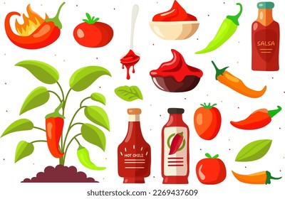 Hot pepper set. hot pepper seedling, ketchup, salsa, sauce, tomato. Vector cartoon flat illustration. Vector illustration