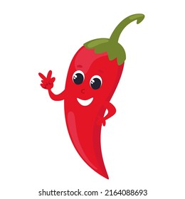 Hot pepper smiles. The vegetable has a face, eyes, hands and is happy. Character design in cartoon style isolated on white background for kitchen textile.