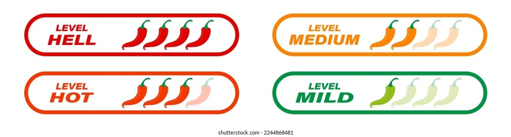 Hot pepper spiciness scale with mild, medium, hot and hell levels. Food package vector signs.