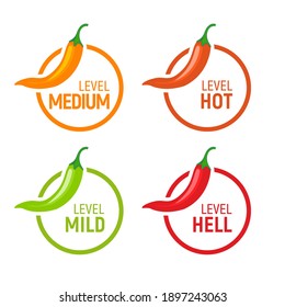 Hot pepper spicy heat level icon. Chili pepper symbol vector scale spice fire logo label