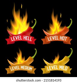 Hot pepper spicy level for ketchup sauce vector. Chili rating indicator burning symbol design. Cooking and mexican cuisine concept. Package label logo