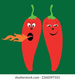 Hot pepper sticker. Kind smiles and evil pepper with fire in his mouth. Vector.