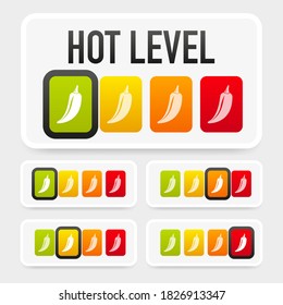 Hot pepper strength scale indicator with mild, medium, hot and hell positions. Chilli level. Vector illustration.